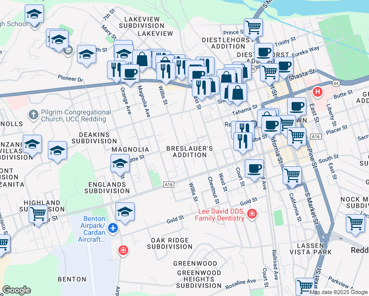map of restaurants, bars, coffee shops, grocery stores, and more near 2106 Butte Street in Redding