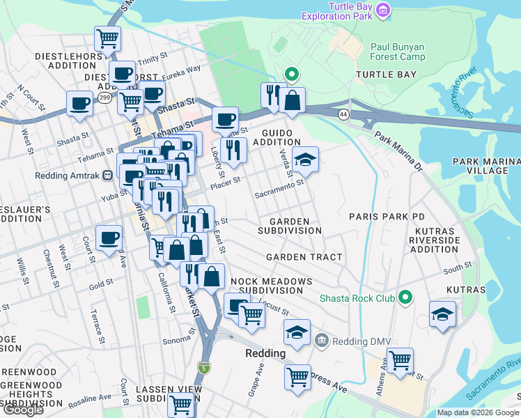 map of restaurants, bars, coffee shops, grocery stores, and more near 1831 Continental Street in Redding