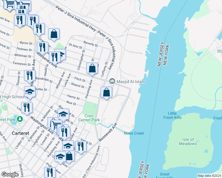 map of restaurants, bars, coffee shops, grocery stores, and more near 31 Lafayette Street in Carteret