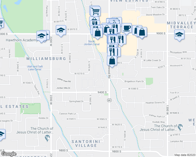 map of restaurants, bars, coffee shops, grocery stores, and more near 9300 Redwood Road in West Jordan