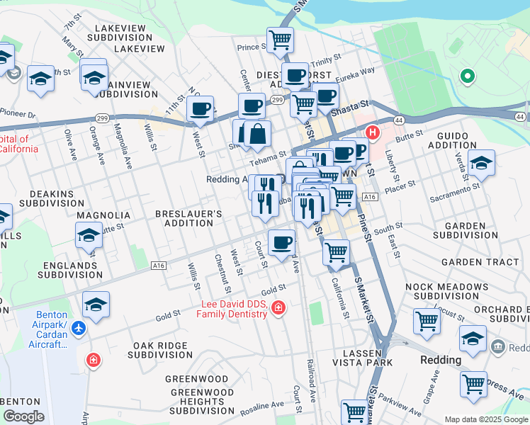 map of restaurants, bars, coffee shops, grocery stores, and more near 1600 Oregon St in Redding