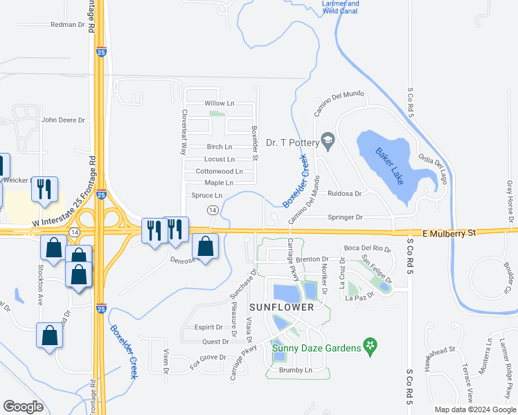 map of restaurants, bars, coffee shops, grocery stores, and more near 405 Loma Linda Drive in Fort Collins
