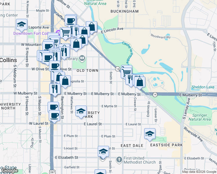 map of restaurants, bars, coffee shops, grocery stores, and more near 405 Smith Street in Fort Collins