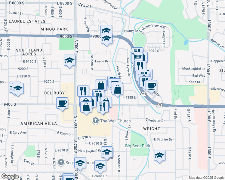 map of restaurants, bars, coffee shops, grocery stores, and more near 853 East 9400 South in Sandy