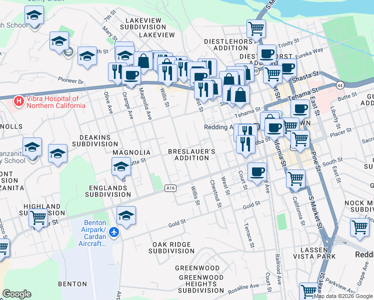 map of restaurants, bars, coffee shops, grocery stores, and more near 2106 Butte Street in Redding