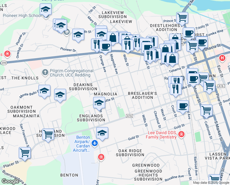map of restaurants, bars, coffee shops, grocery stores, and more near 1415 Orange Avenue in Redding