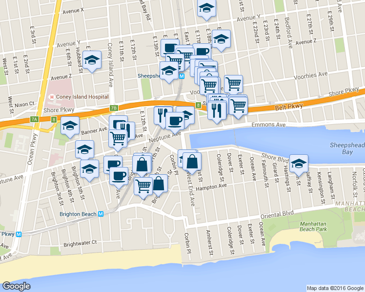 map of restaurants, bars, coffee shops, grocery stores, and more near 10 Shore Boulevard in Brooklyn