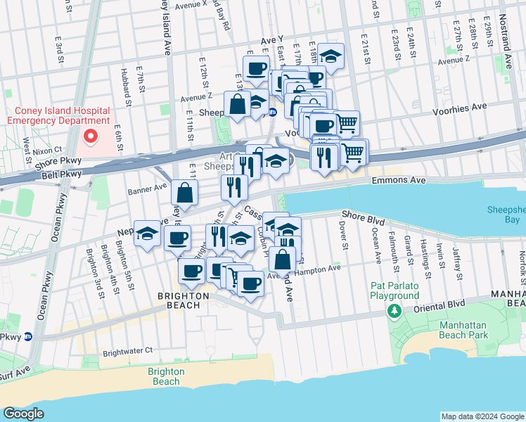 map of restaurants, bars, coffee shops, grocery stores, and more near 10 Shore Boulevard in Brooklyn