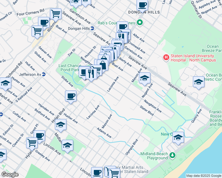 map of restaurants, bars, coffee shops, grocery stores, and more near 87 Slater Boulevard in Staten Island