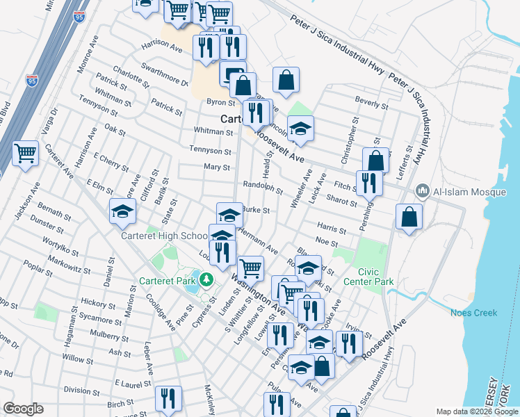 map of restaurants, bars, coffee shops, grocery stores, and more near 88 Heald Street in Carteret