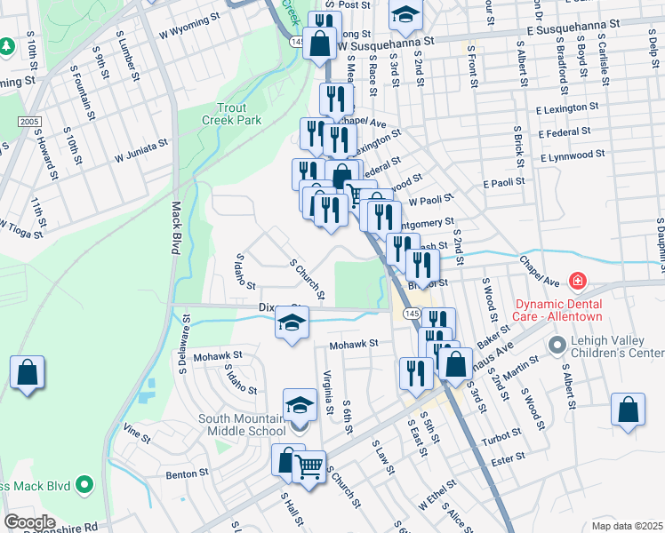 map of restaurants, bars, coffee shops, grocery stores, and more near 630 West Brookdale Street in Allentown