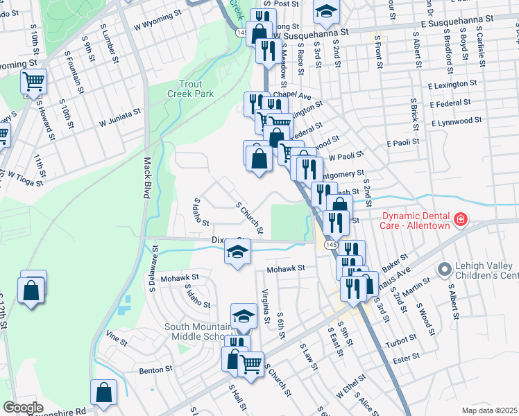 map of restaurants, bars, coffee shops, grocery stores, and more near 630 West Brookdale Street in Allentown
