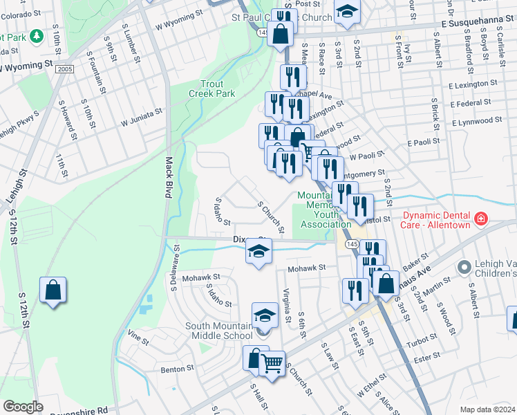 map of restaurants, bars, coffee shops, grocery stores, and more near 1762 South Church Street in Allentown