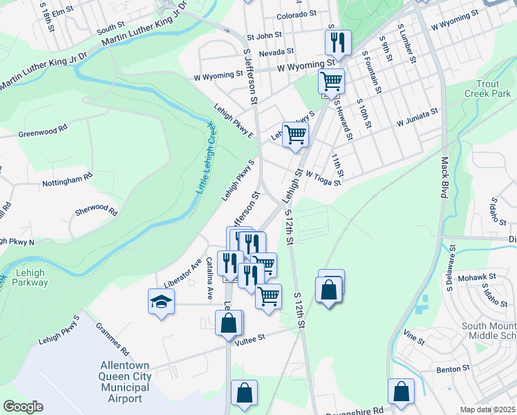 map of restaurants, bars, coffee shops, grocery stores, and more near 1314 South 12th Street in Allentown