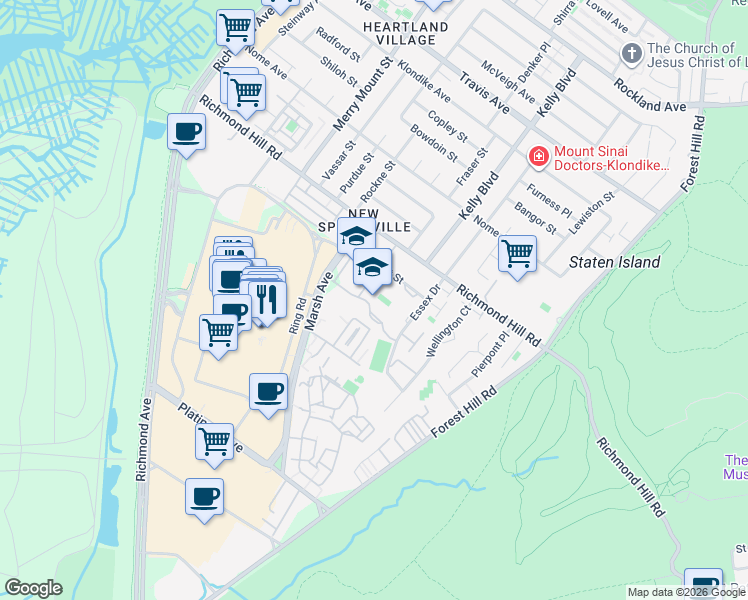 map of restaurants, bars, coffee shops, grocery stores, and more near 67 Westport Street in Staten Island