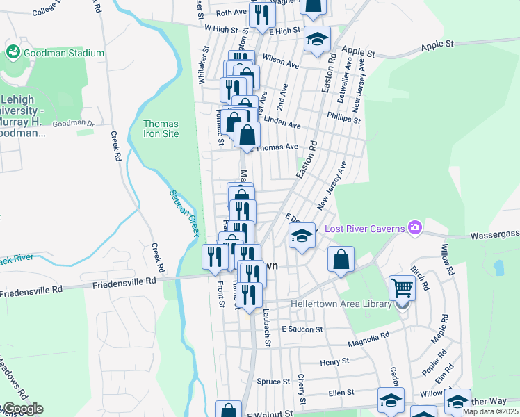 map of restaurants, bars, coffee shops, grocery stores, and more near 929 Main Street in Hellertown