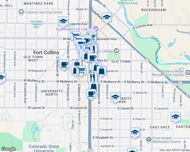 map of restaurants, bars, coffee shops, grocery stores, and more near 460 South College Avenue in Fort Collins