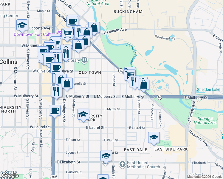 map of restaurants, bars, coffee shops, grocery stores, and more near 405 Smith Street in Fort Collins