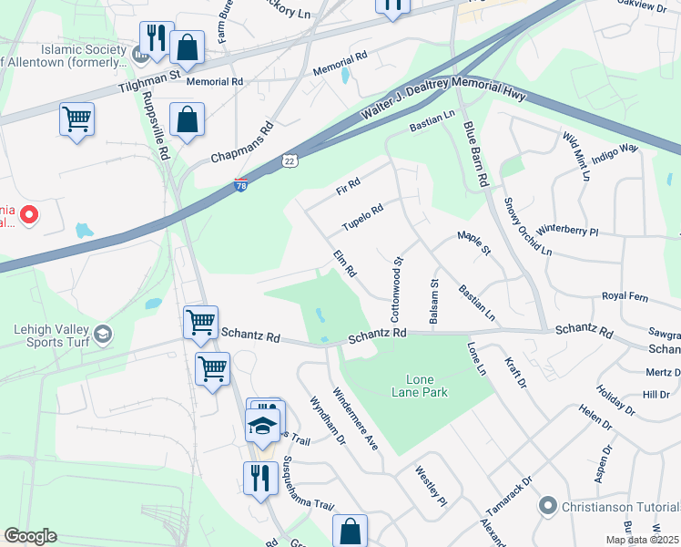 map of restaurants, bars, coffee shops, grocery stores, and more near 6446 Tupelo Road in Allentown