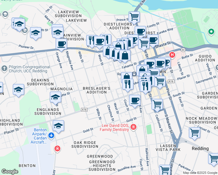 map of restaurants, bars, coffee shops, grocery stores, and more near 1558 Redding Rancheria Road in Redding