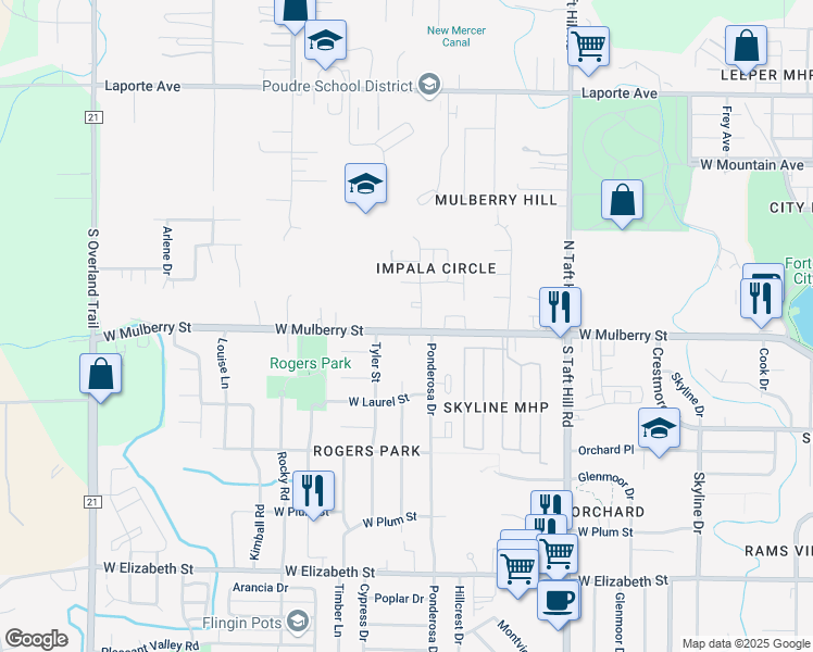 map of restaurants, bars, coffee shops, grocery stores, and more near 2404 West Mulberry Street in Fort Collins
