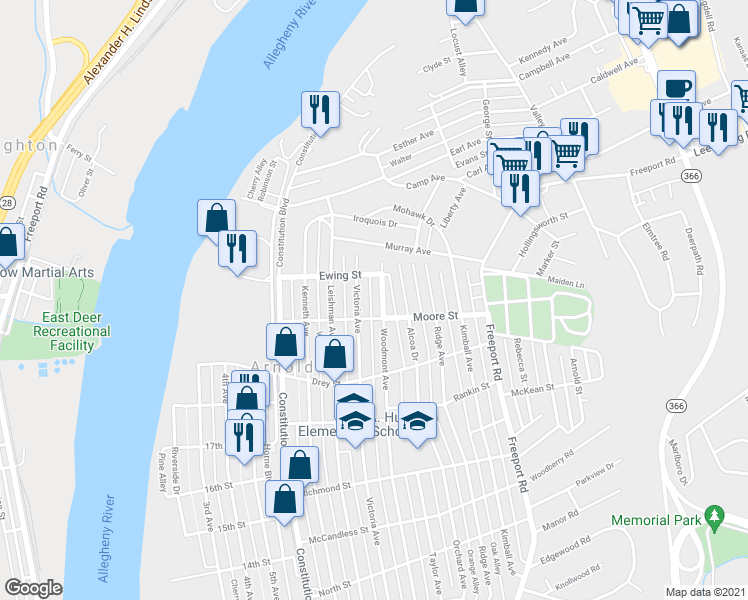 map of restaurants, bars, coffee shops, grocery stores, and more near 2013 Woodmont Avenue in New Kensington