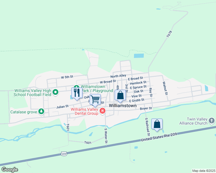 map of restaurants, bars, coffee shops, grocery stores, and more near 250 West Broad Street in Williamstown