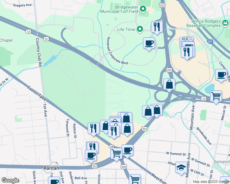 map of restaurants, bars, coffee shops, grocery stores, and more near 56 Bond Street in Bridgewater Township