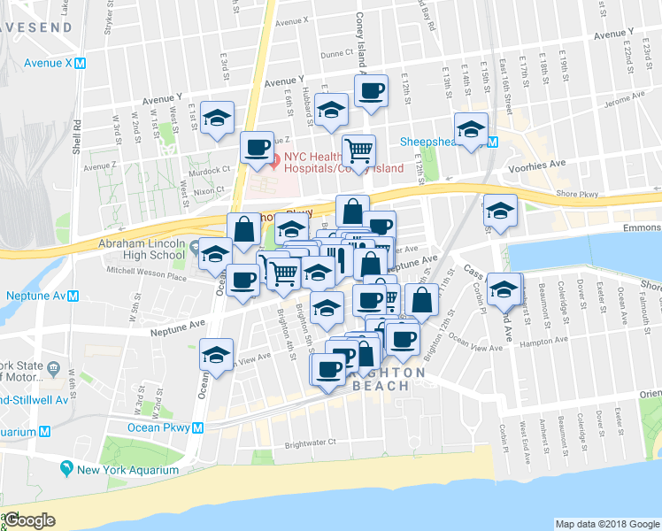 map of restaurants, bars, coffee shops, grocery stores, and more near 2840 Brighton 7th Street in Brooklyn