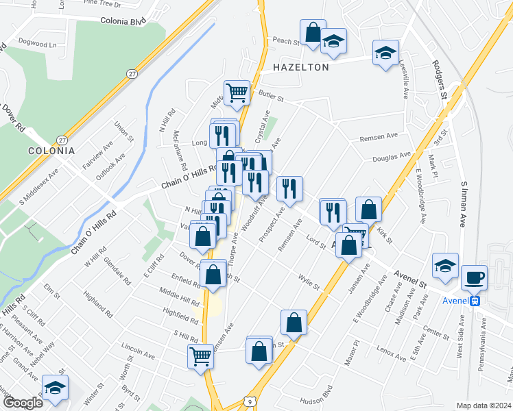 map of restaurants, bars, coffee shops, grocery stores, and more near 495 Avenel Street in Woodbridge Township