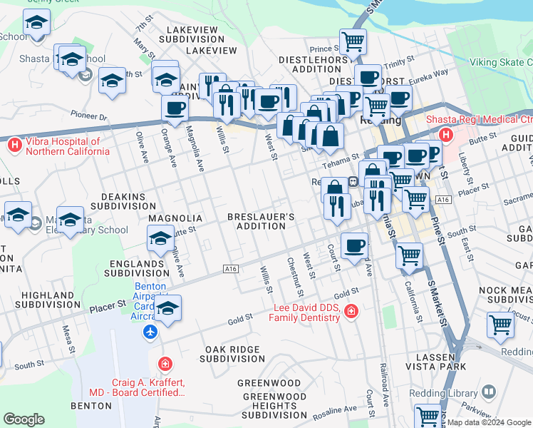map of restaurants, bars, coffee shops, grocery stores, and more near 2025 Butte Street in Redding