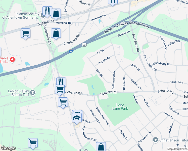 map of restaurants, bars, coffee shops, grocery stores, and more near 6446 Tupelo Road in Allentown