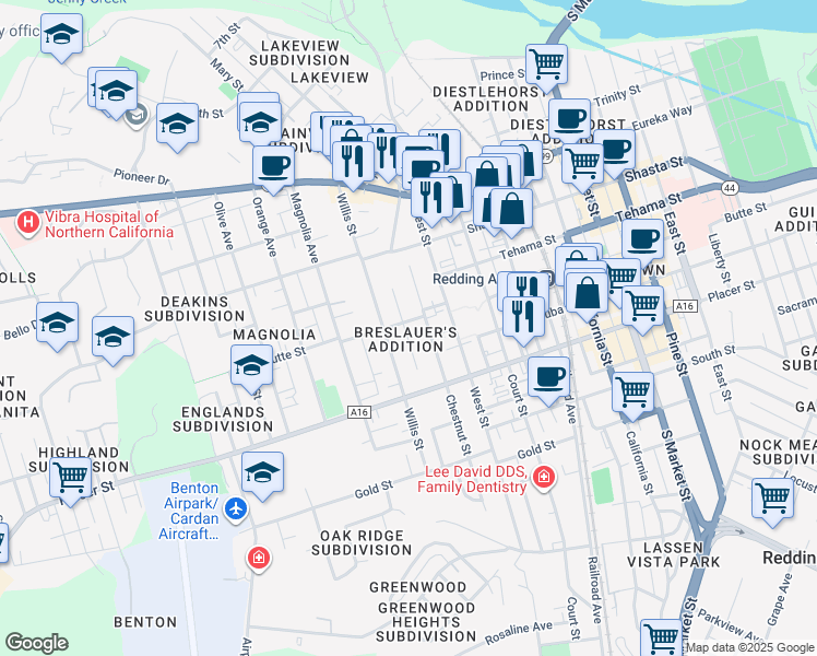 map of restaurants, bars, coffee shops, grocery stores, and more near 2033 Butte Street in Redding
