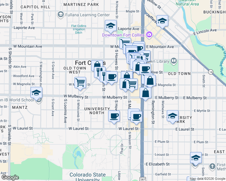 map of restaurants, bars, coffee shops, grocery stores, and more near 417 South Howes Street in Fort Collins