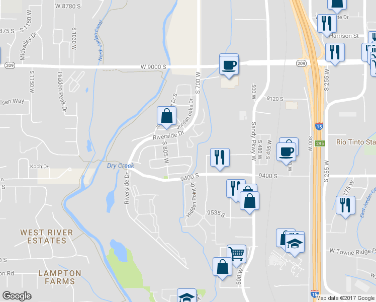 map of restaurants, bars, coffee shops, grocery stores, and more near 733 Jefferson Lane in Sandy