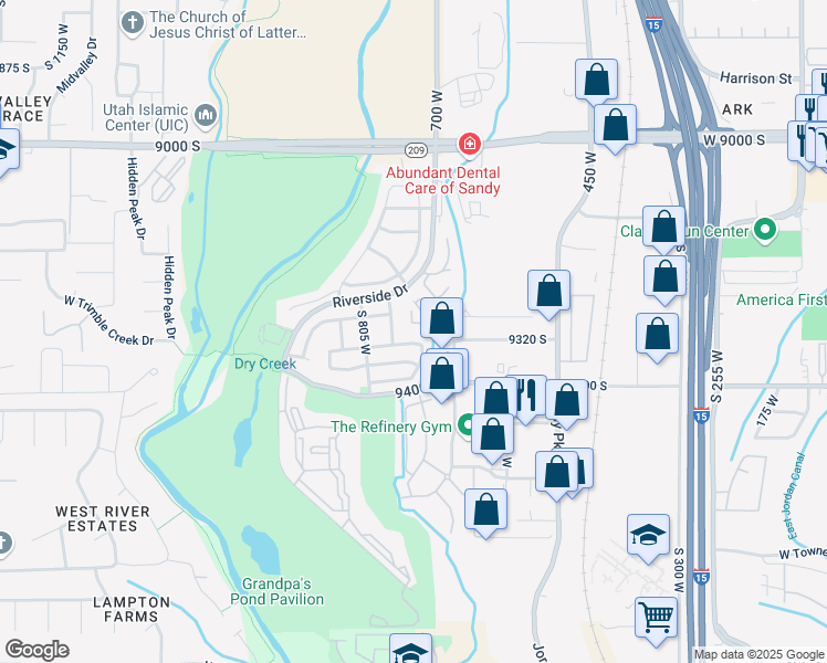 map of restaurants, bars, coffee shops, grocery stores, and more near 733 Jefferson Lane in Sandy