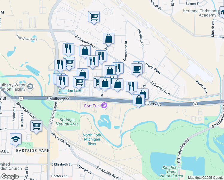 map of restaurants, bars, coffee shops, grocery stores, and more near 432 South Link Lane in Fort Collins