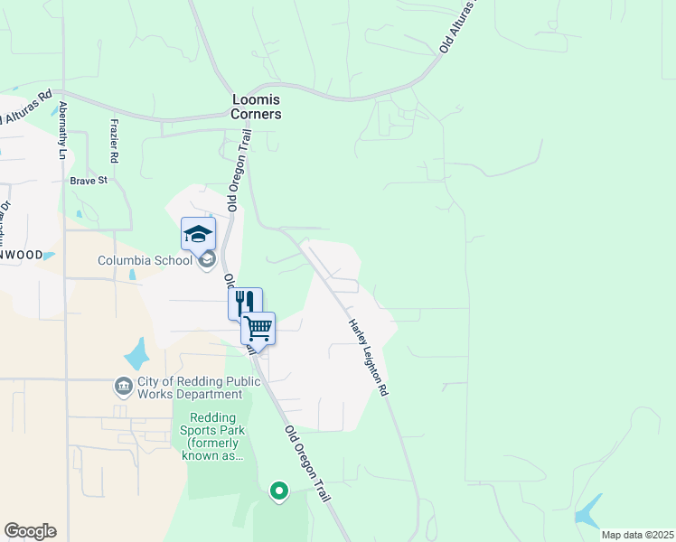 map of restaurants, bars, coffee shops, grocery stores, and more near 10129 Harley Leighton Road in Redding