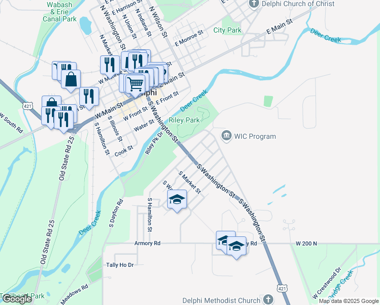 map of restaurants, bars, coffee shops, grocery stores, and more near 161 East North Street in Delphi