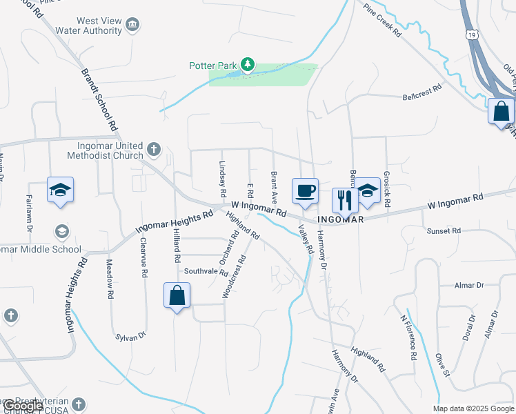 map of restaurants, bars, coffee shops, grocery stores, and more near 1013 West Ingomar Road in Pittsburgh