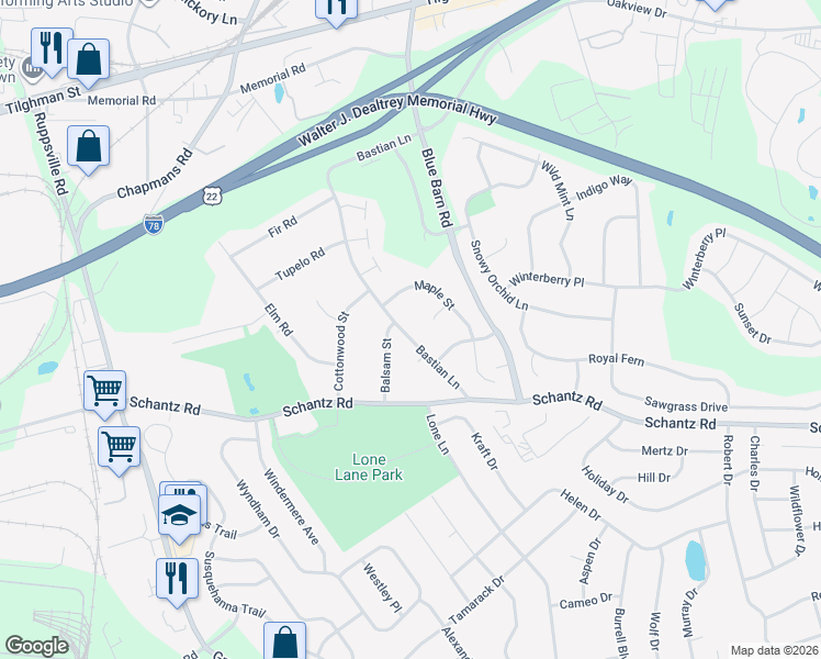map of restaurants, bars, coffee shops, grocery stores, and more near 35 Bastian Lane in Allentown