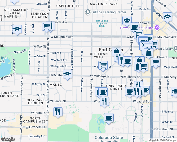 map of restaurants, bars, coffee shops, grocery stores, and more near 409 South Loomis Avenue in Fort Collins