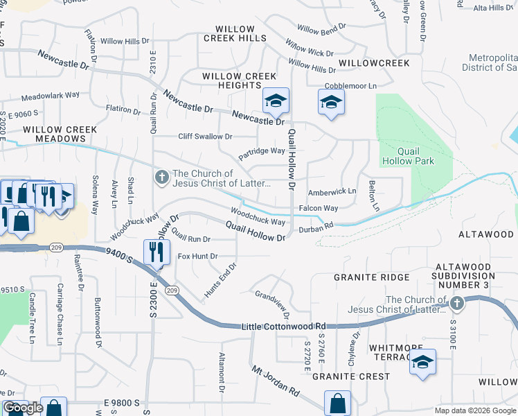 map of restaurants, bars, coffee shops, grocery stores, and more near 2588 Falcon Way in Sandy