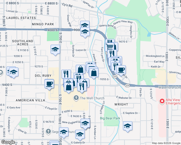 map of restaurants, bars, coffee shops, grocery stores, and more near 853 East 9400 South in Sandy