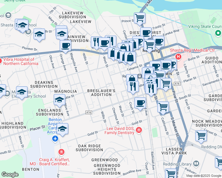 map of restaurants, bars, coffee shops, grocery stores, and more near 1548 West Street in Redding