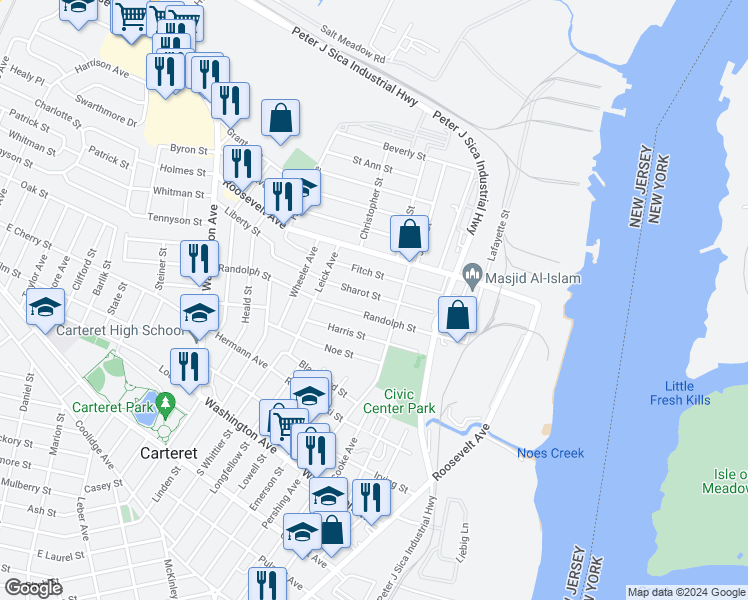map of restaurants, bars, coffee shops, grocery stores, and more near 75 Sharot Street in Carteret