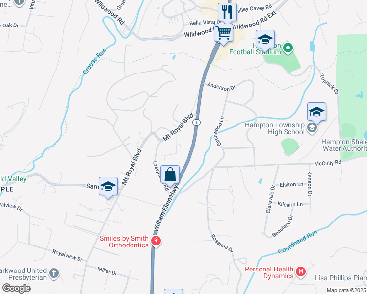 map of restaurants, bars, coffee shops, grocery stores, and more near 4480 Mount Royal Boulevard in Hampton Township