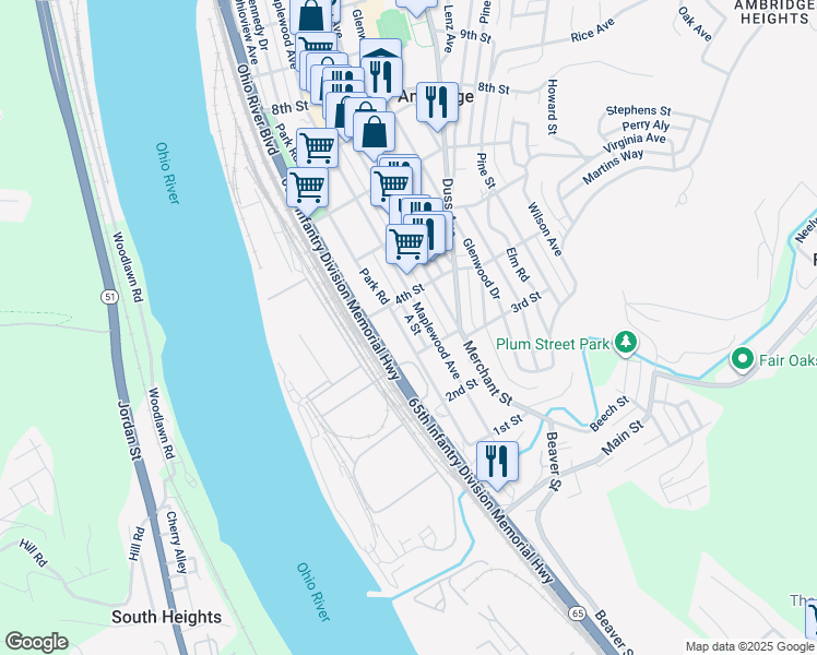 map of restaurants, bars, coffee shops, grocery stores, and more near 328 Park Road in Ambridge