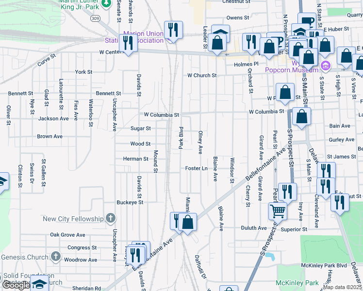 map of restaurants, bars, coffee shops, grocery stores, and more near 400 Park Blvd in Marion