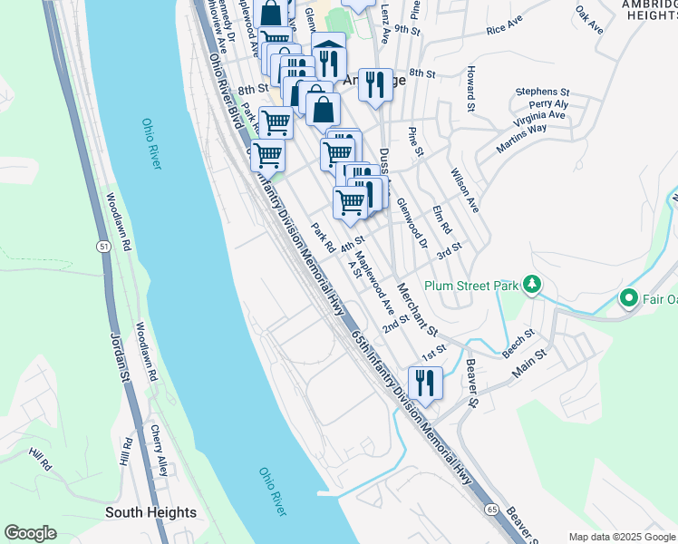 map of restaurants, bars, coffee shops, grocery stores, and more near 328 Park Road in Ambridge